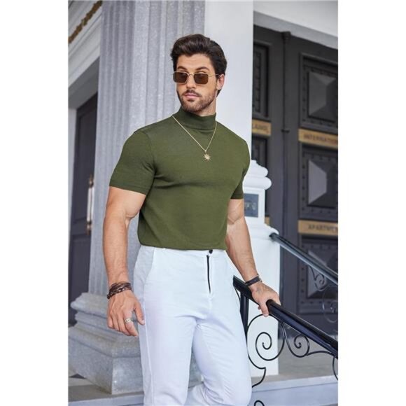 Mens Mock Turtleneck Sweater Short Sleeve Casual Dress Sweater Shirt - Picture 4 of 5